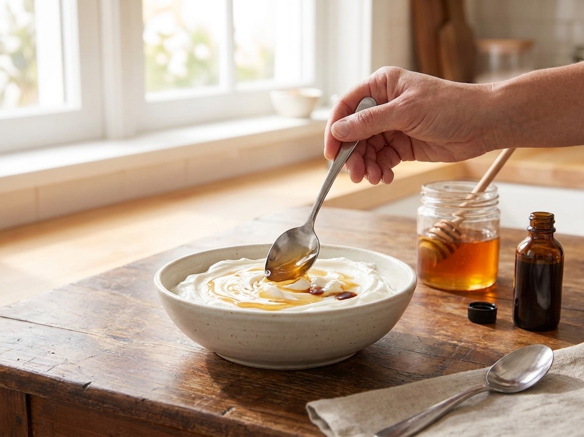 A bowl of Greek yogurt being stirred with honey and vanilla on a kitchen counter, with a spoon resting beside the bowl