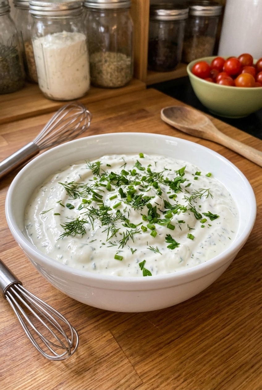 A bowl of Greek yogurt ranch dip with chopped herbs sprinkled on top