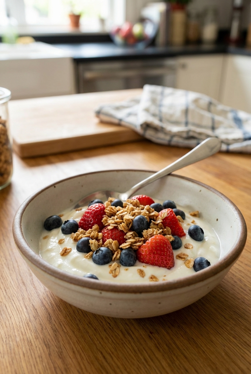 A bowl of Greek yogurt topped with berries and granola on a kitchen table