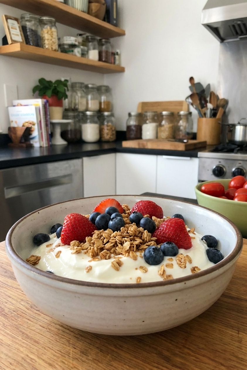 A bowl of Greek yogurt topped with berries and granola on a kitchen counter