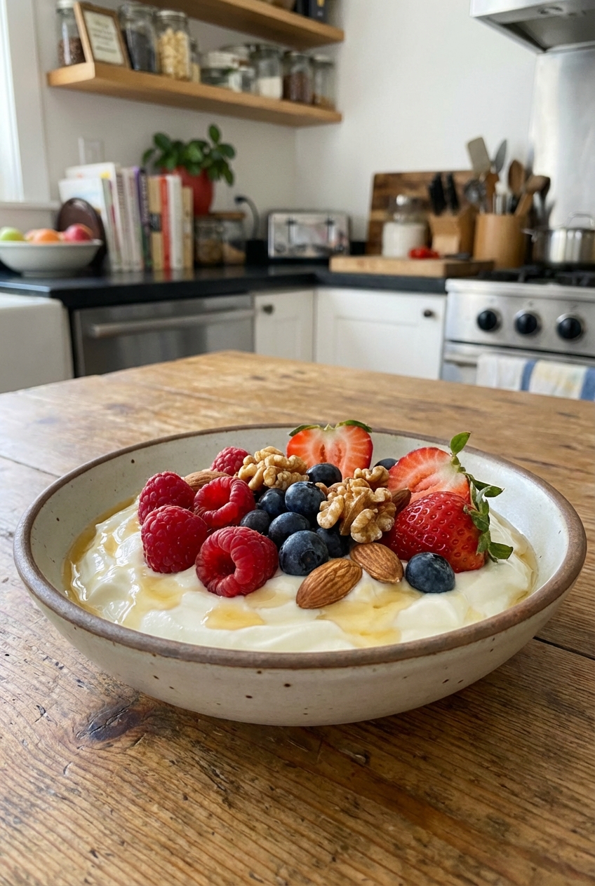 A bowl of Greek yogurt topped with berries and nuts on a kitchen table