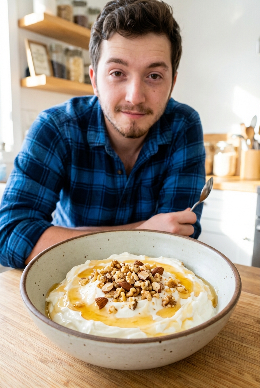 A bowl of Greek yogurt topped with honey and chopped nuts