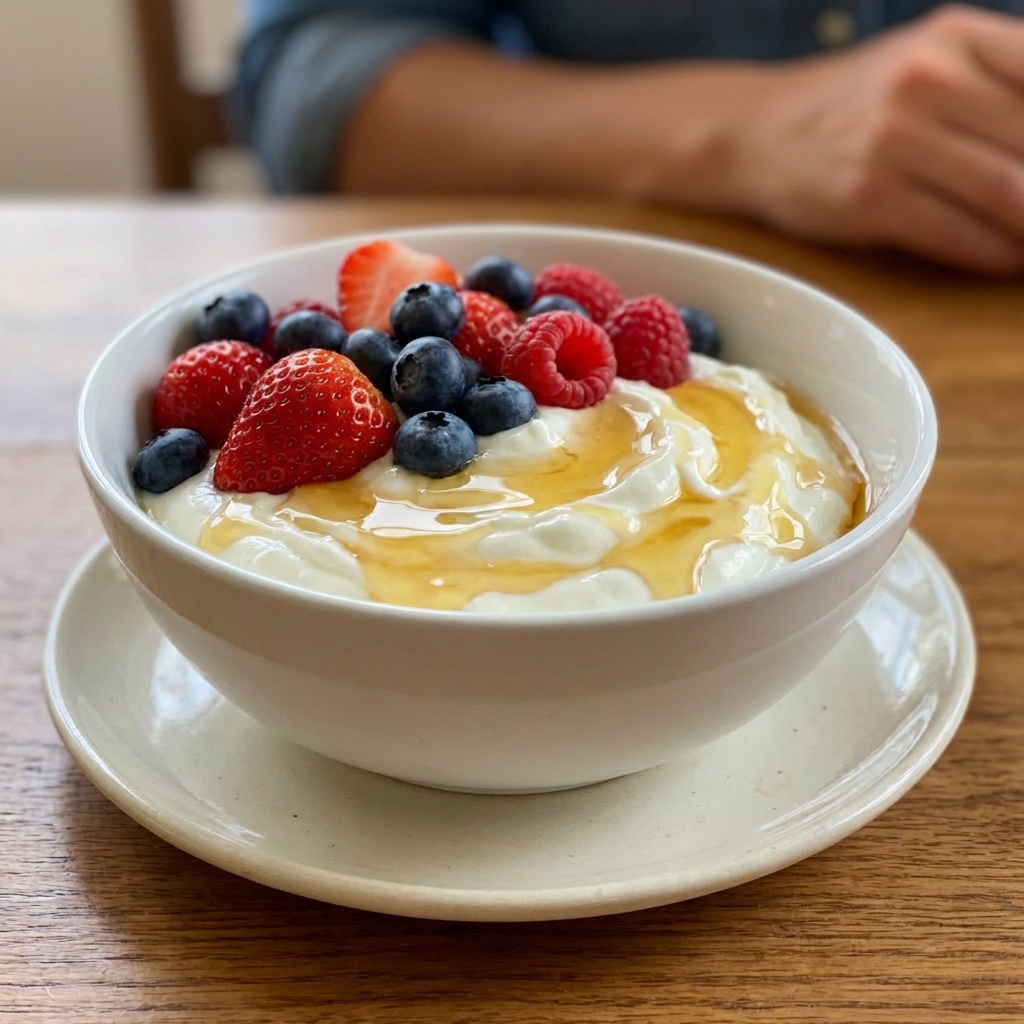 A bowl of Greek yogurt topped with honey and fresh berries on a small plate