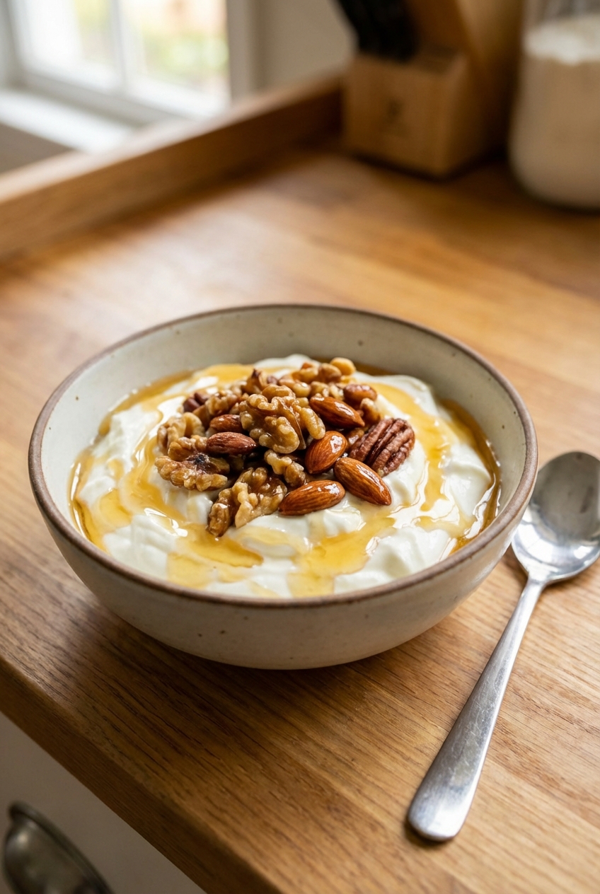 A bowl of Greek yogurt topped with honey and toasted nuts on a countertop