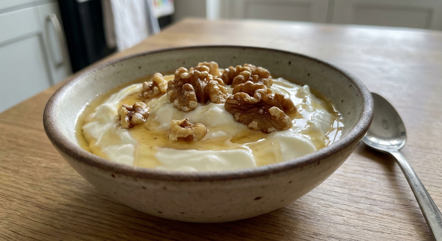 A bowl of Greek yogurt topped with honey and toasted walnuts