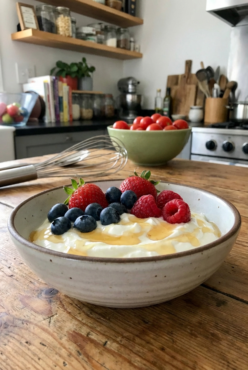 A bowl of Greek yogurt topped with mixed berries and a drizzle of honey on a kitchen table