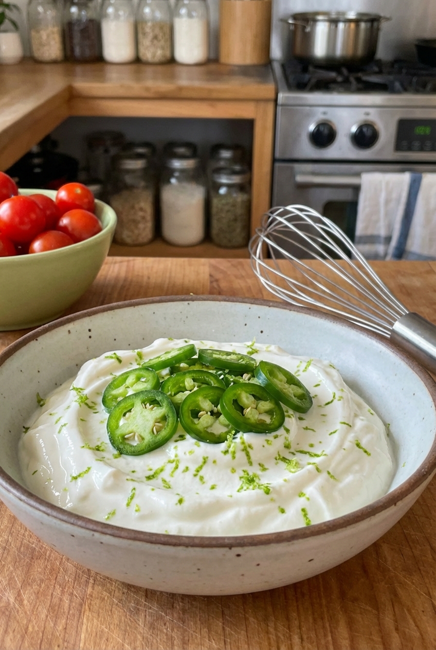 A bowl of Greek yogurt topped with sliced jalapeno and lime zest