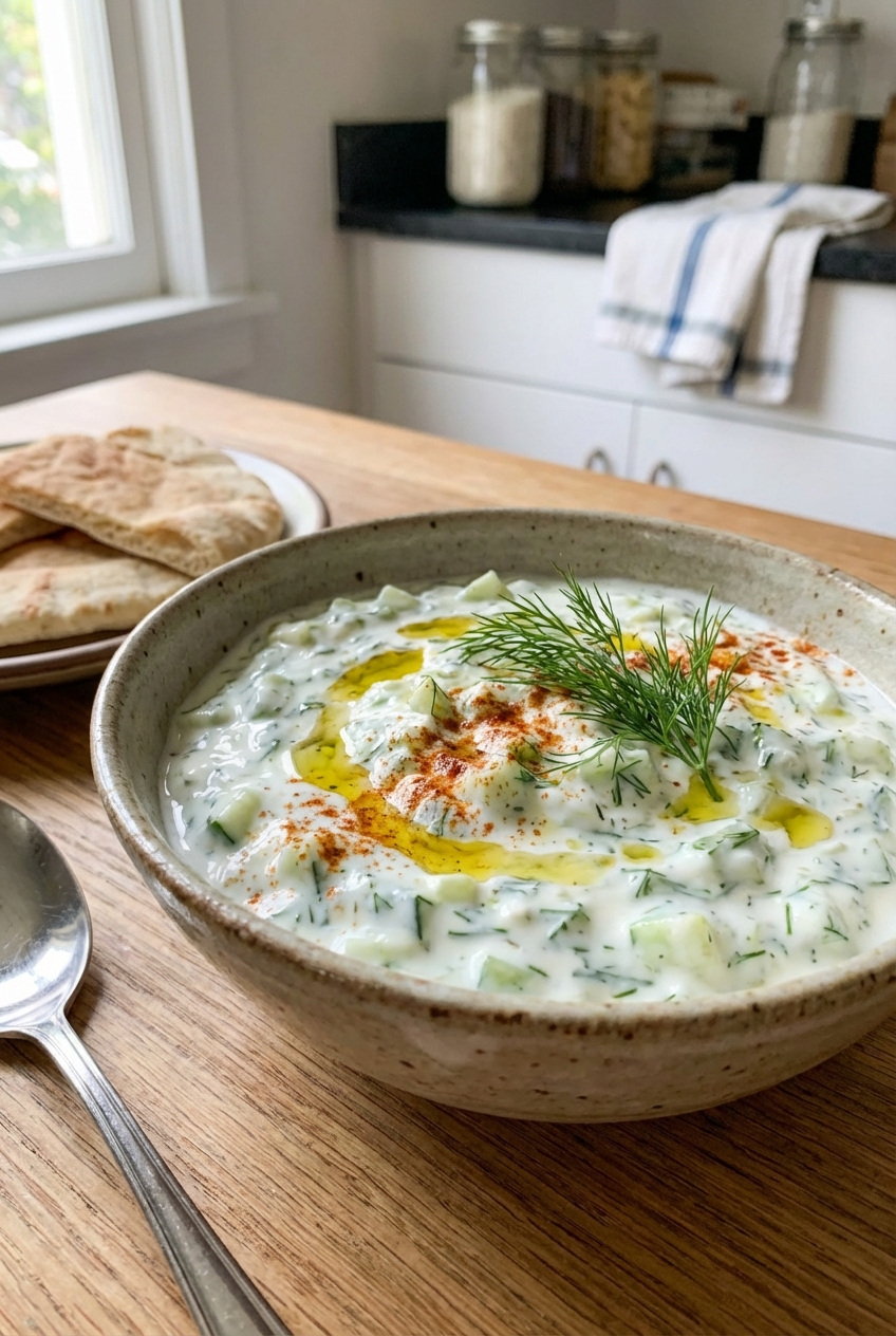 A bowl of Greek yogurt with cucumber and dill