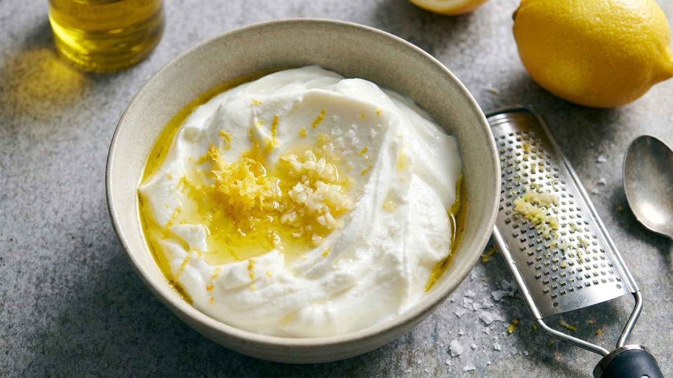 A bowl of Greek yogurt with lemon zest, grated garlic, olive oil, and salt on a kitchen counter, ready to be stirred into a sauce