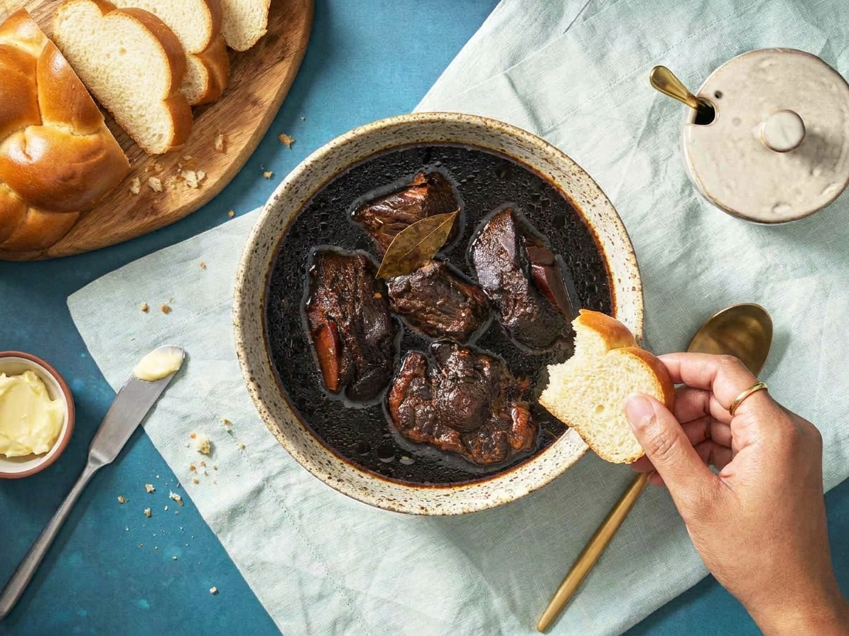 A bowl of Guyanese pepperpot with tender beef in dark gravy served with bread