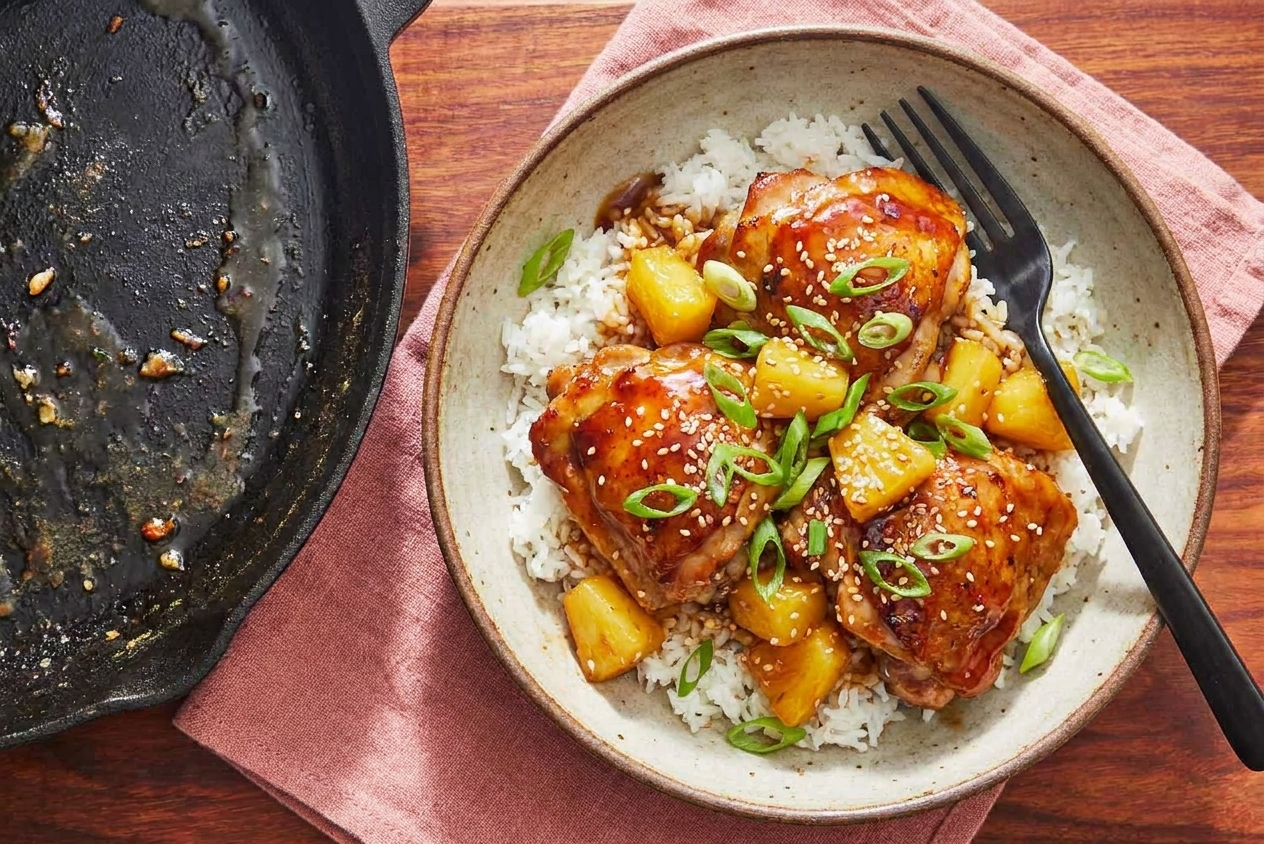 A bowl of Hawaiian chicken with pineapple and glossy sauce served over white rice, topped with green onions and sesame seeds on a simple dinner table setting