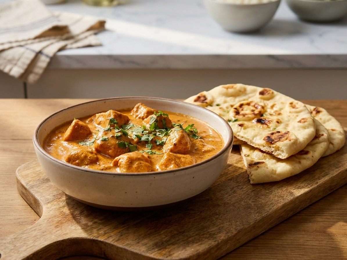 A bowl of Indian butter chicken with a glossy orange-red sauce, garnished with cilantro, served with warm naan on a wooden table in soft natural light