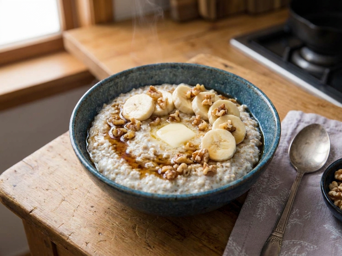 A bowl of Irish oats topped with banana slices, chopped toasted walnuts, and a drizzle of maple syrup on a kitchen table