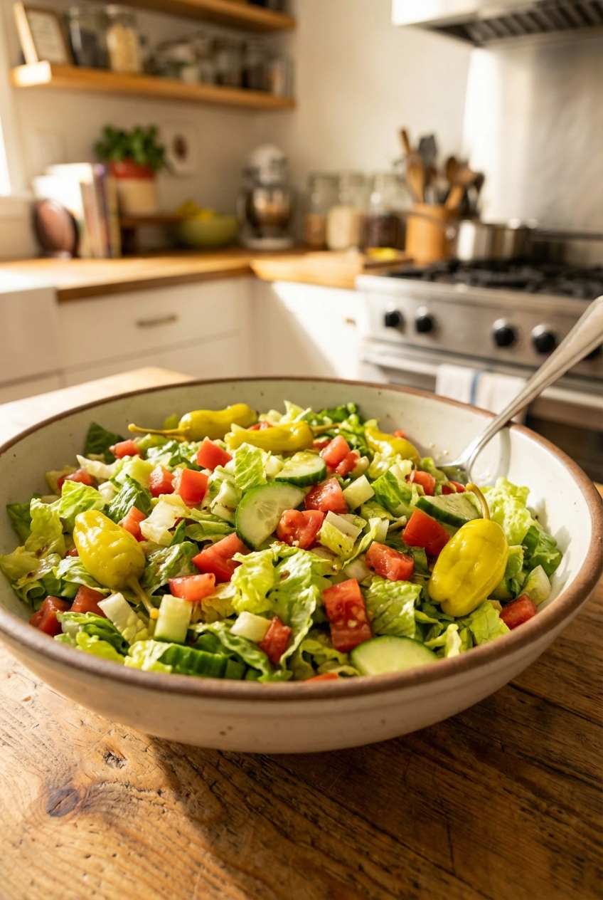 A bowl of Italian chopped salad with romaine, tomatoes, cucumbers, and pepperoncini
