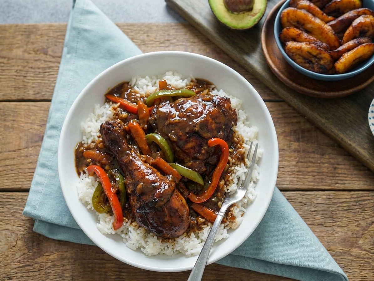 A bowl of Jamaican brown stew chicken spooned over white rice with peppers and rich brown gravy on a wooden table