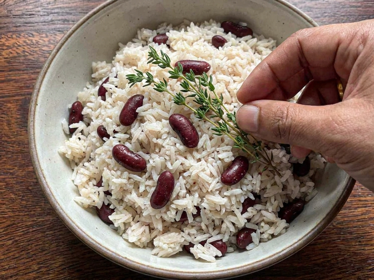 A bowl of Jamaican rice and peas with kidney beans, fluffy coconut-scented rice, and a sprig of fresh thyme on top.