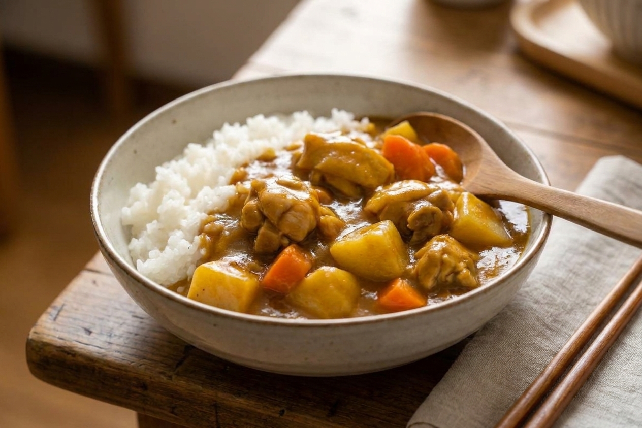 A bowl of Japanese golden curry served over fluffy white rice with a spoon on the side on a wooden kitchen table