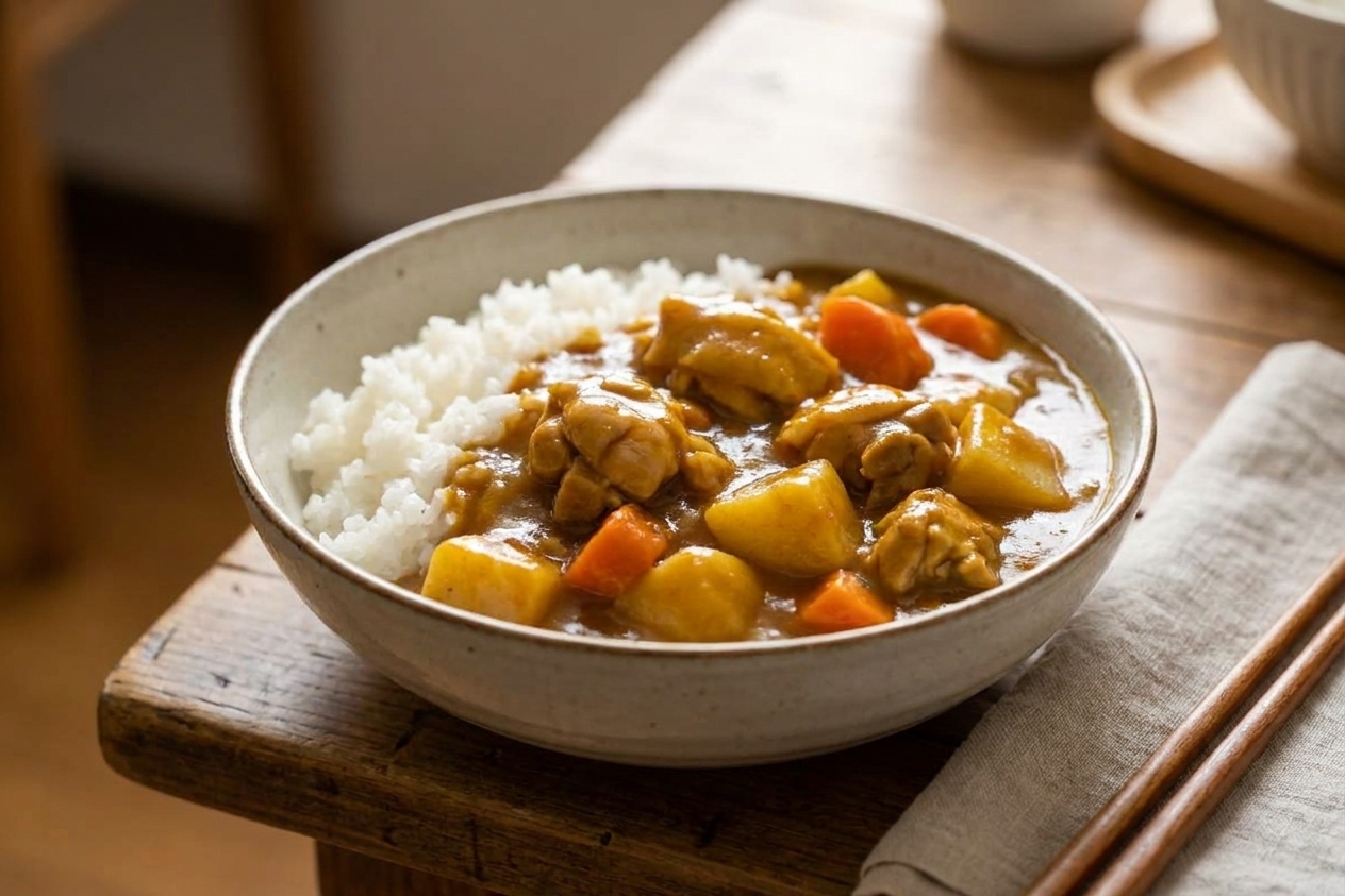 A bowl of Japanese golden curry with chicken, potatoes, and carrots in a glossy sauce served over steamed white rice on a cozy kitchen table