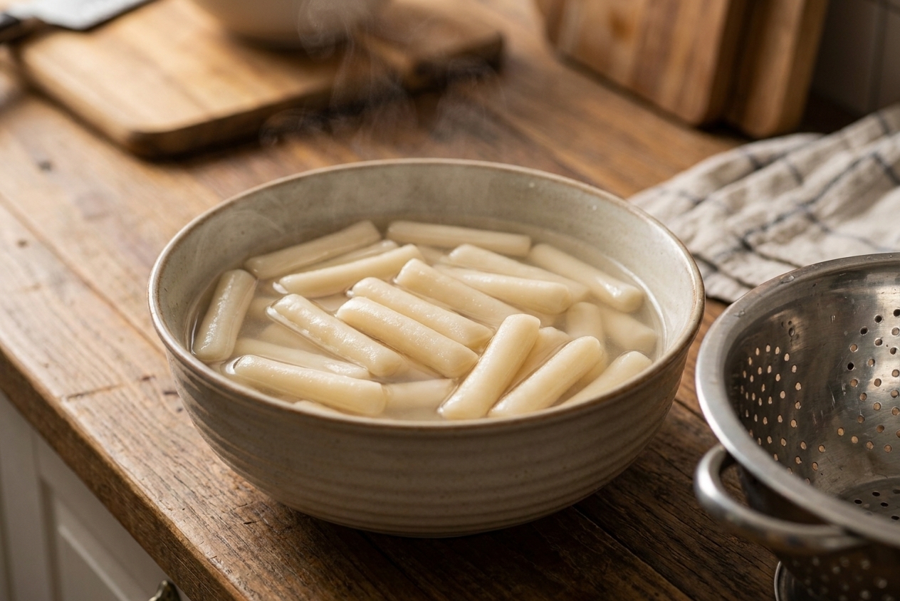 A bowl of Korean rice cakes soaking in warm water on a kitchen counter beside a colander