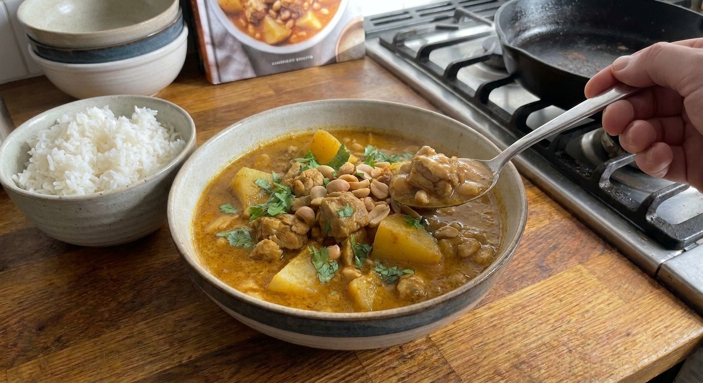 A bowl of Massaman curry with tender chicken pieces, golden potatoes, and a sprinkle of roasted peanuts, served with jasmine rice on a neutral-toned table setting in soft natural light
