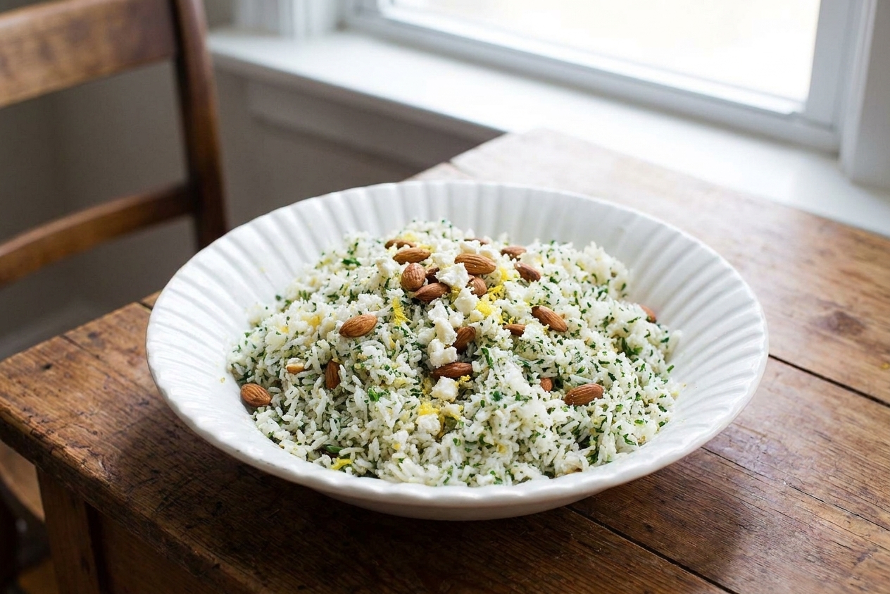 A bowl of Mediterranean rice finished with lemon zest, parsley, toasted almonds, and crumbled feta on a wooden table