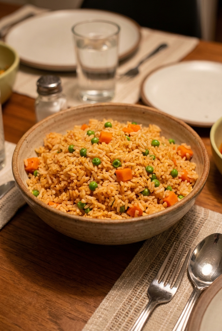 A bowl of Mexican rice with peas and carrots on a dinner table