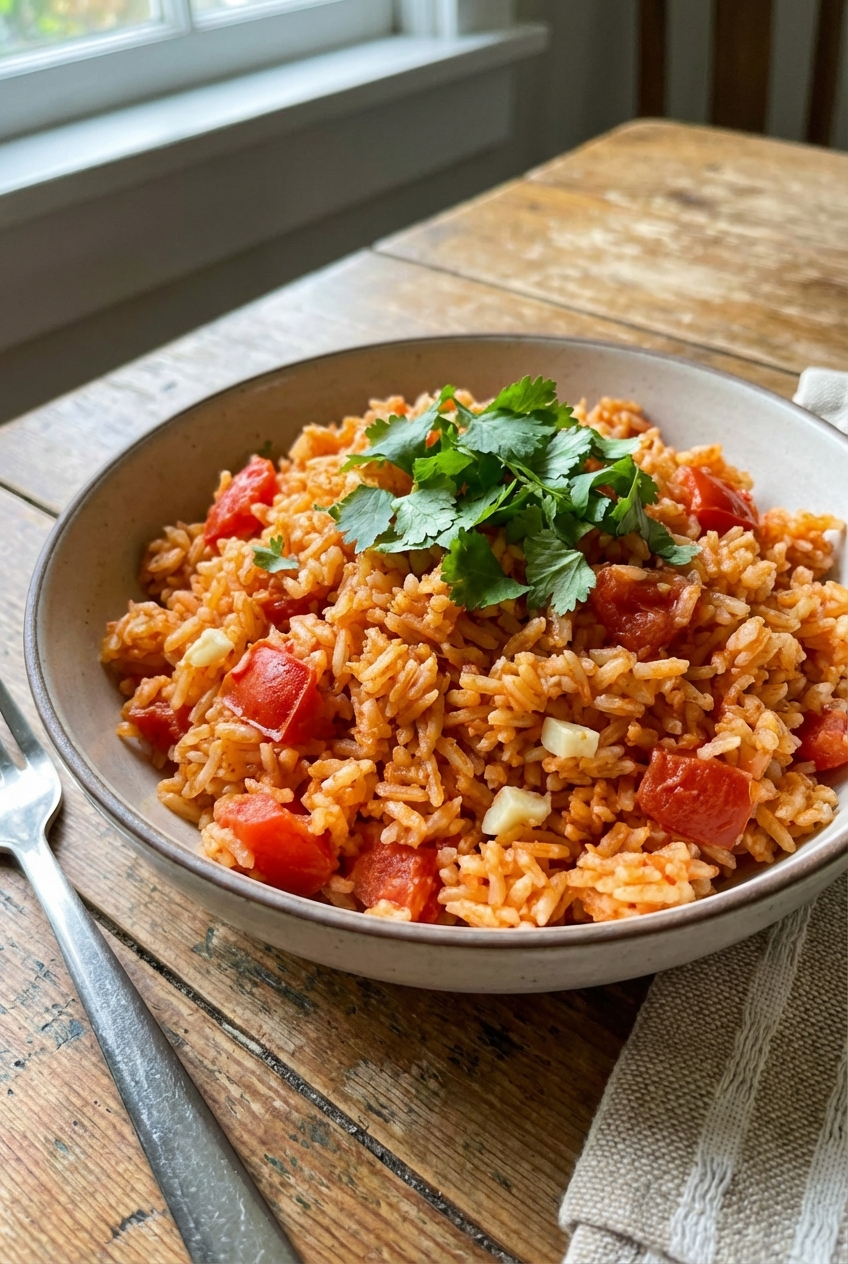A bowl of Mexican rice with tomato and garlic, garnished with cilantro