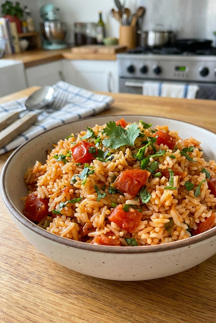 A bowl of Mexican rice with tomatoes and herbs