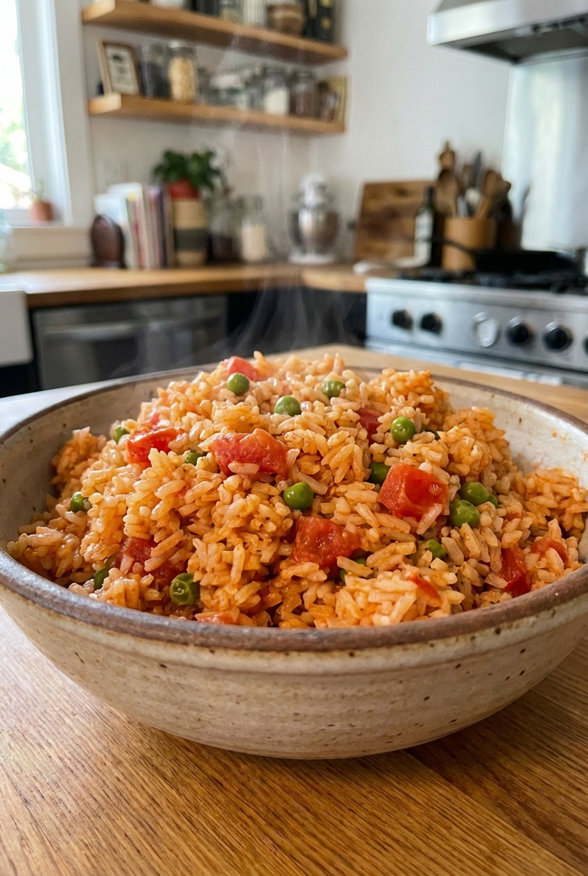 A bowl of Mexican rice with tomatoes and peas
