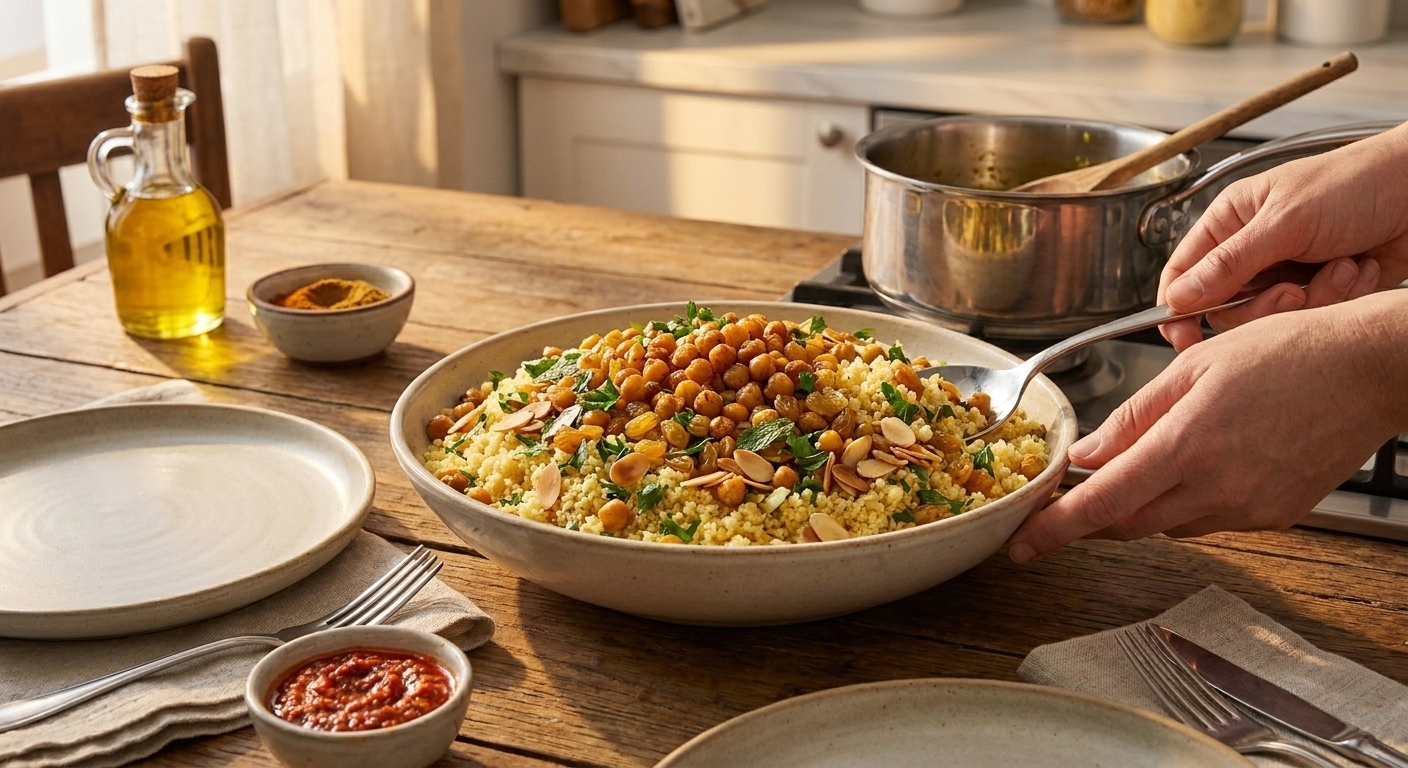 A bowl of Moroccan couscous topped with chickpeas, raisins, herbs, and toasted almonds on a simple dinner table with plates and cutlery in warm evening light