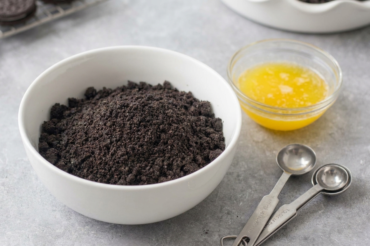 A bowl of Oreo cookies and a small bowl of melted butter on a tidy kitchen counter with measuring spoons nearby, ready to make a crust