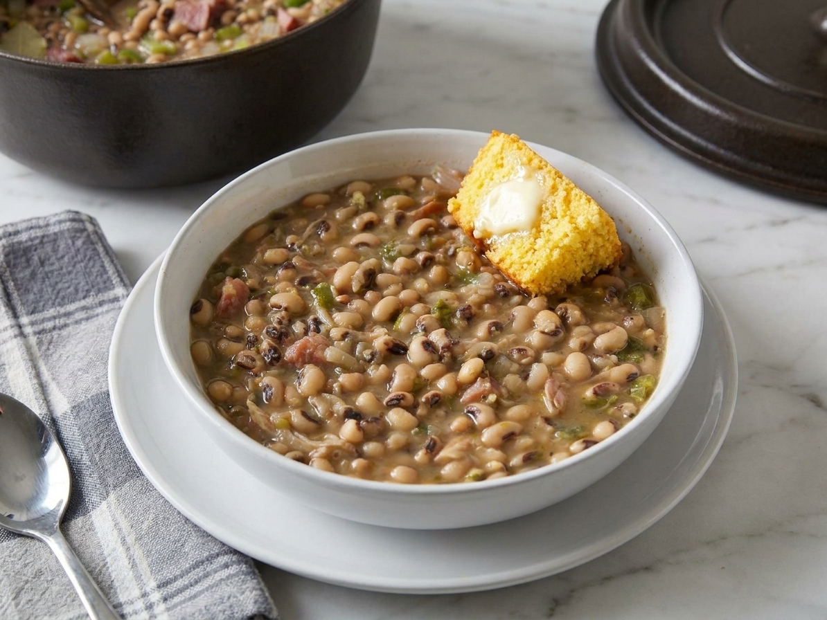 A bowl of Southern black-eyed peas served with a warm wedge of cornbread on a simple plate setting