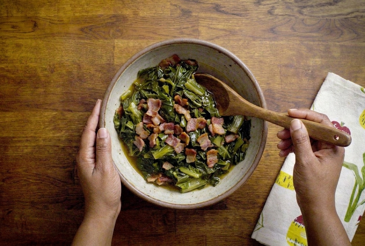 A bowl of Southern-style mustard greens with bits of bacon and glossy pot liquor, served on a wooden table with a spoon