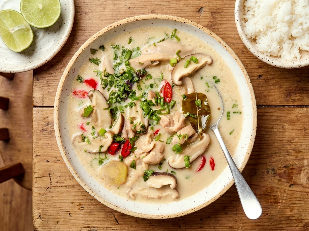 A bowl of Thai coconut soup topped with cilantro and sliced red chiles with lime wedges on the side on a simple dinner table