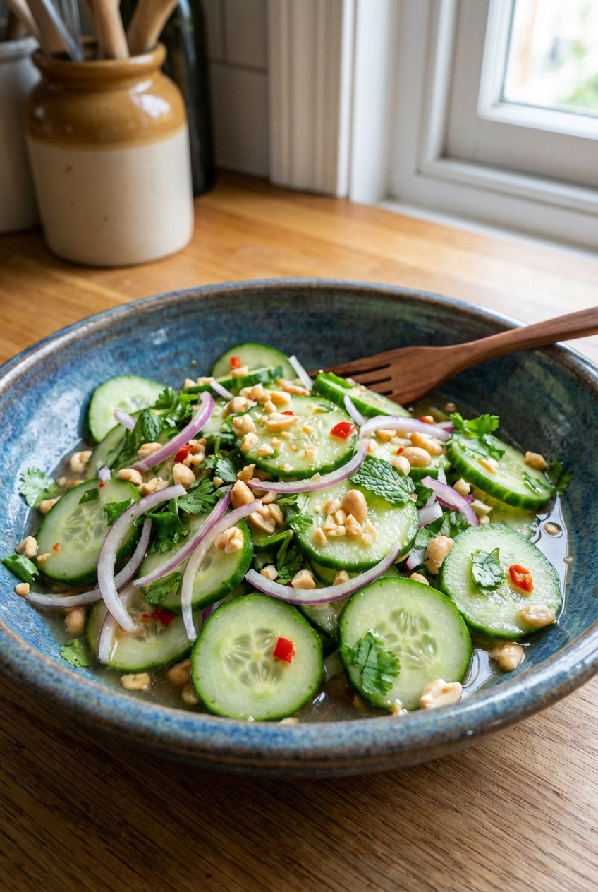 A bowl of Thai cucumber salad with sliced cucumbers, red onion, and herbs