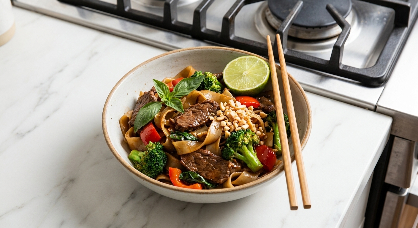 A bowl of Thai drunken noodles on a dinner table with a lime wedge and chopsticks beside the bowl