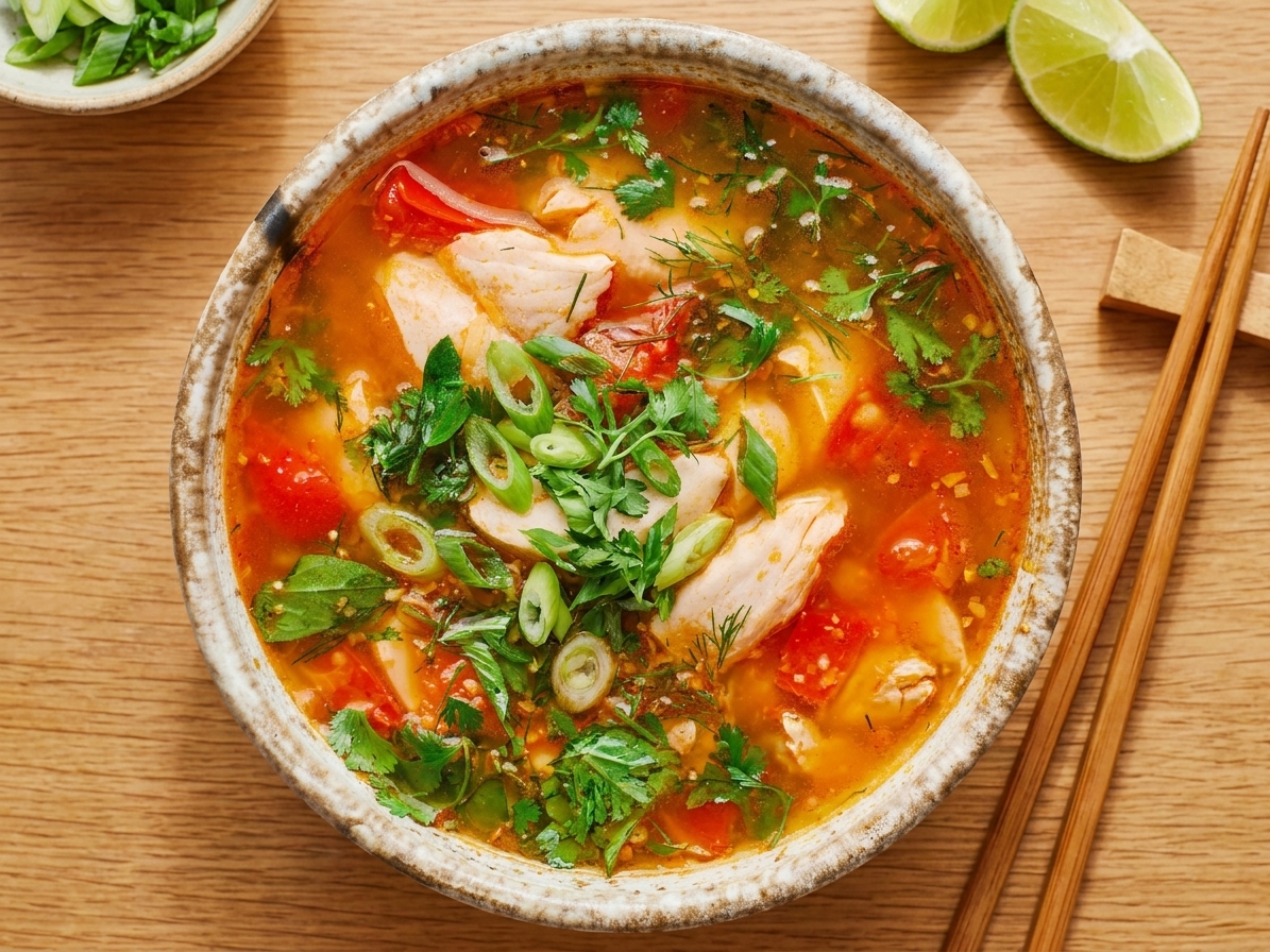 A bowl of Thai hot and sour soup topped with cilantro and scallions, with lime wedges and chopsticks on a simple table setting