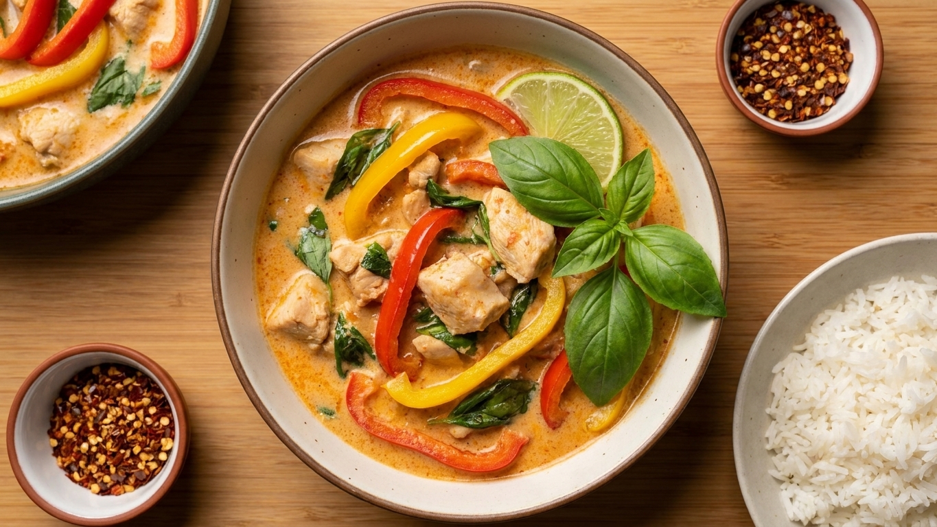 A bowl of Thai red curry with coconut milk, chicken, bell peppers, and fresh basil, served with jasmine rice on a warm kitchen table