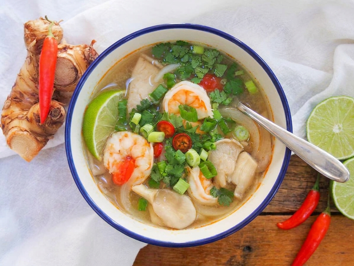 A bowl of Thai sour soup topped with cilantro and green onions on a wooden table setting
