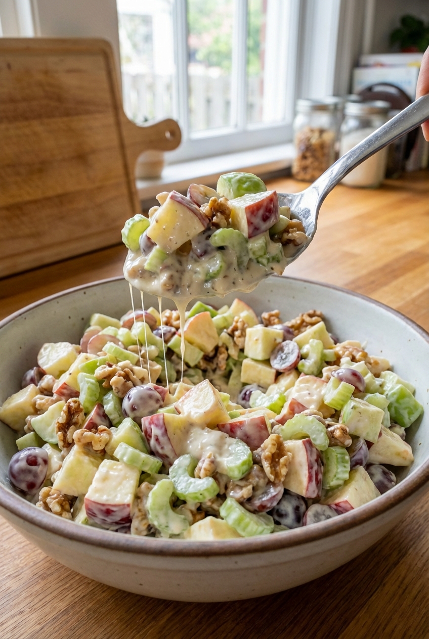 A bowl of Waldorf salad being tossed with a spoon, showing creamy dressing coating apples and celery