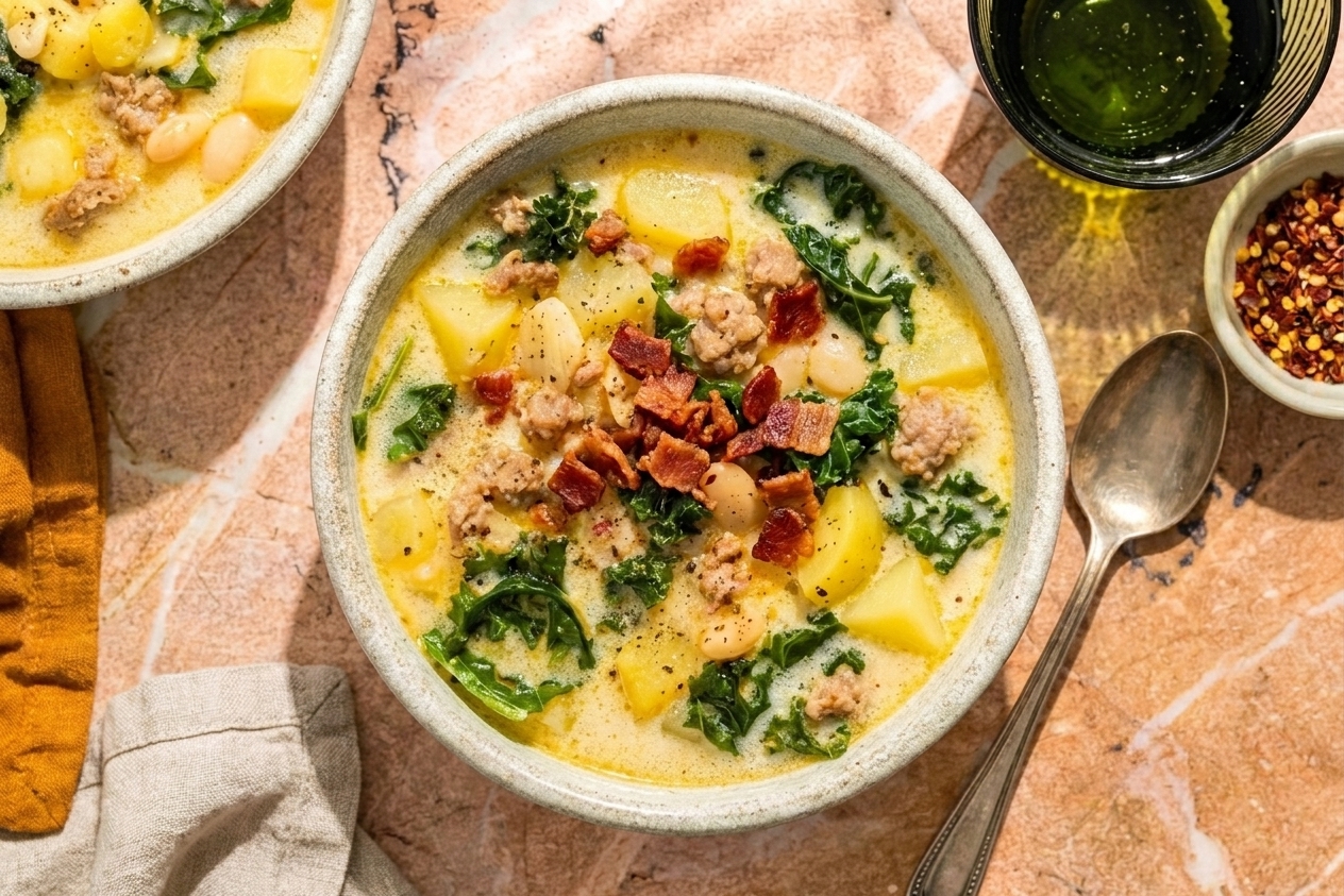 A bowl of Zuppa Toscana soup topped with crispy bacon pieces, with a spoon on the side on a cozy kitchen table