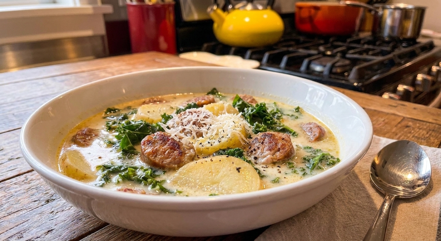 A bowl of Zuppa Toscana soup topped with grated Parmesan and cracked black pepper on a simple dinner table setting
