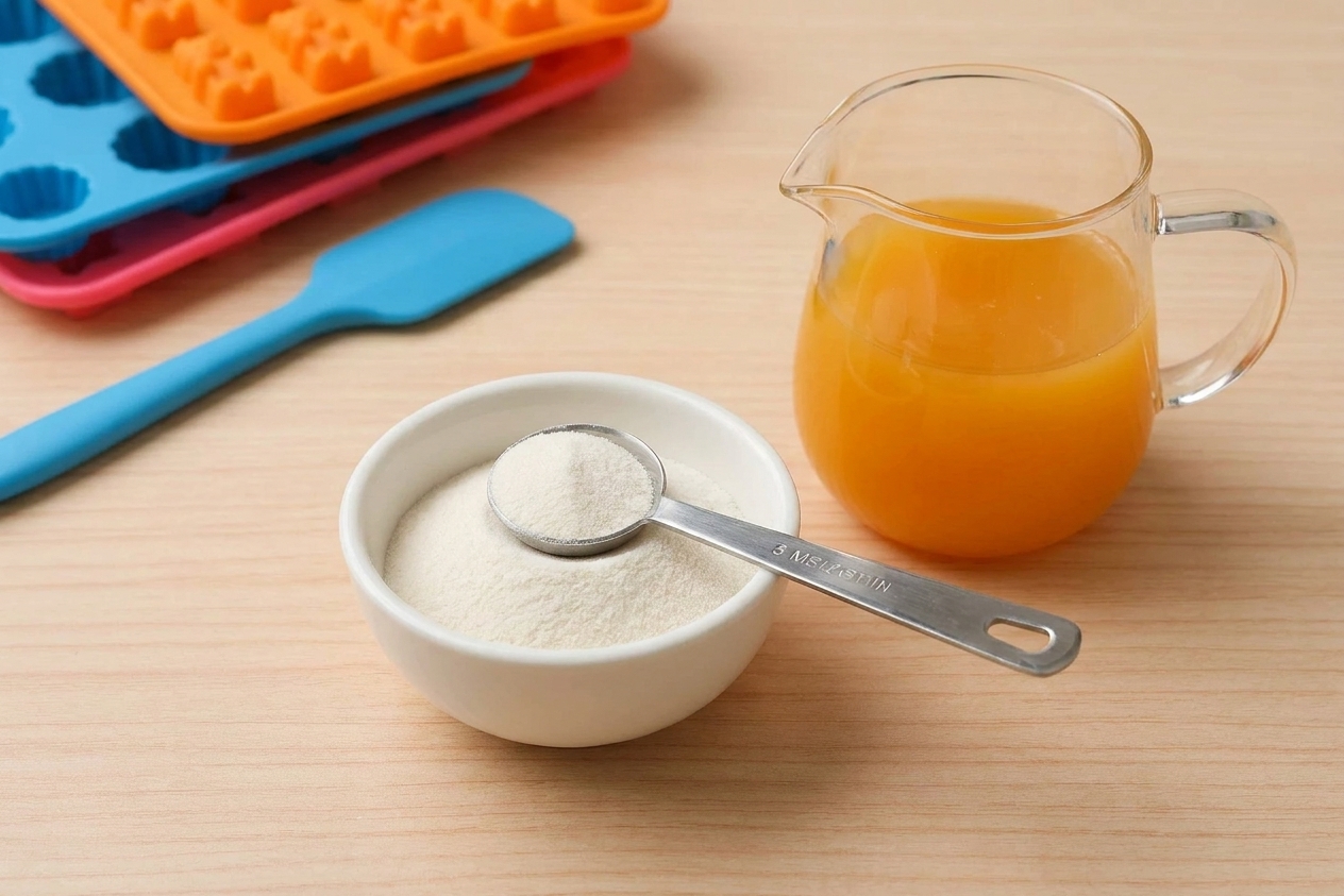 A bowl of agar agar powder with a measuring spoon and a small pitcher of fruit juice on a clean kitchen counter