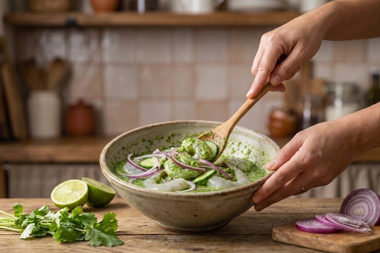 A bowl of aguachile being mixed with cucumber slices and red onion, with a spoon folding everything together