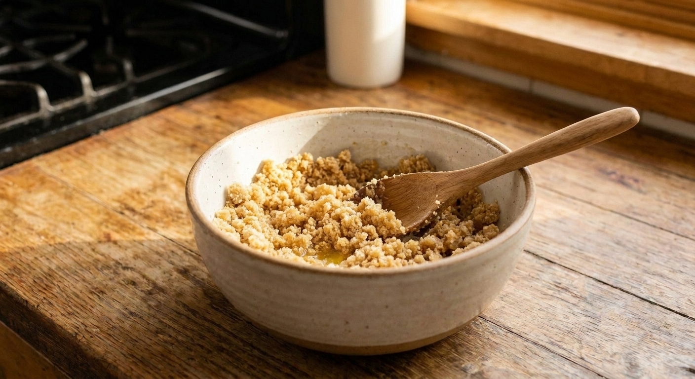 A bowl of almond flour crust mixture with melted butter stirred in, sitting on a kitchen counter with a spoon