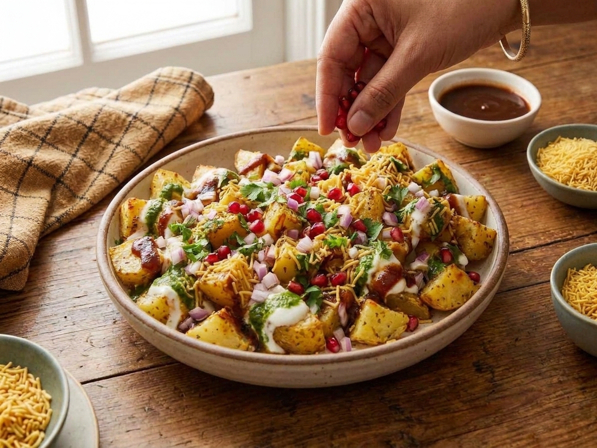 A bowl of aloo chaat with crispy roasted potato cubes, yogurt, tamarind chutney, mint chutney, sev, chopped cilantro, and pomegranate arils on a warm kitchen table