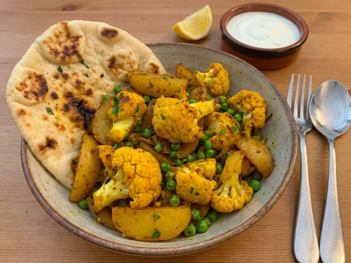 A bowl of aloo gobi served with warm naan on a simple dinner table setting with a lemon wedge and a small bowl of yogurt