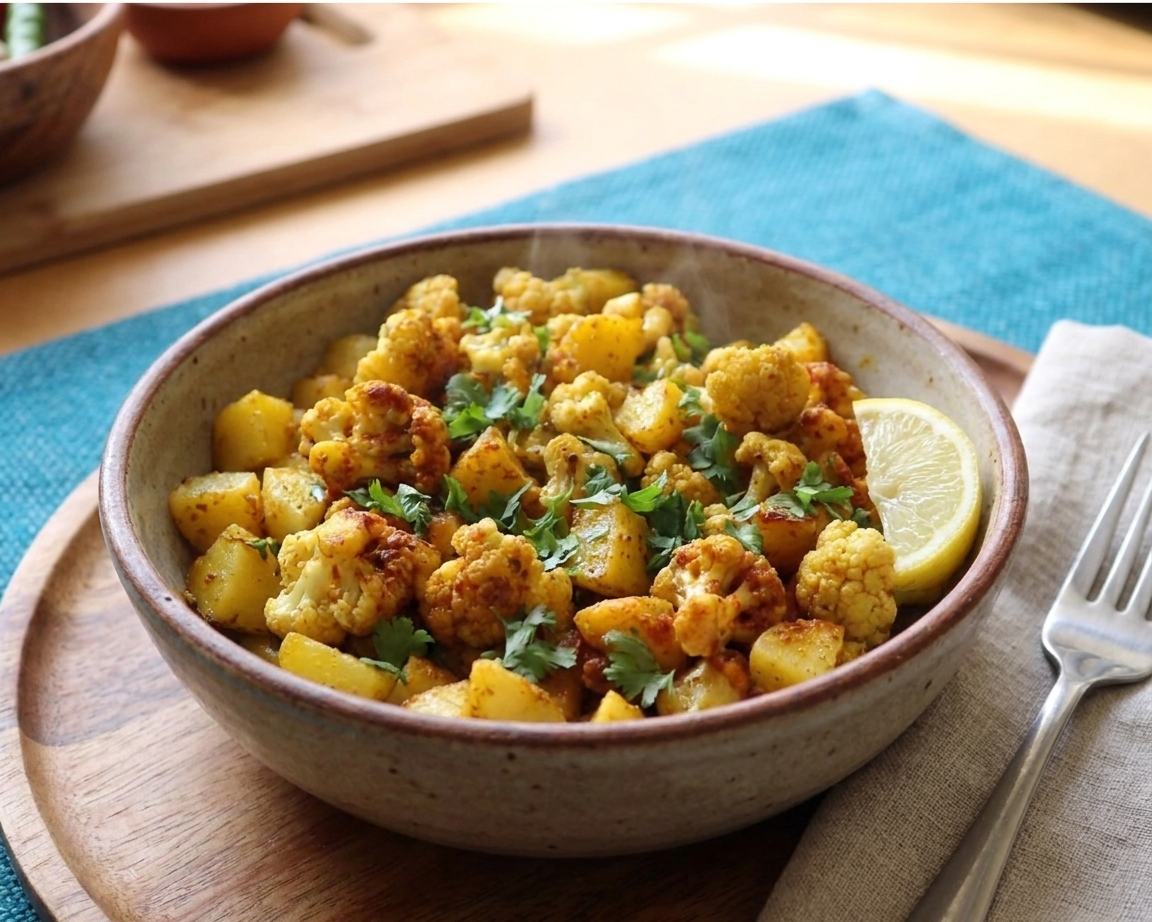 A bowl of aloo gobi topped with fresh cilantro and a lemon wedge on a simple dinner table setting