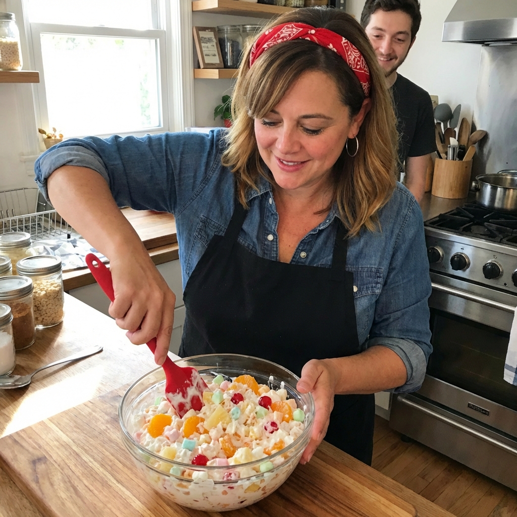 A bowl of ambrosia salad being folded with a rubber spatula on a kitchen counter