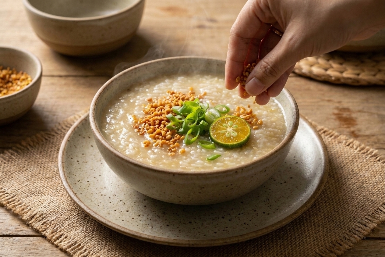 A bowl of arroz caldo being topped with toasted garlic, sliced scallions, and a squeeze of citrus over a kitchen counter